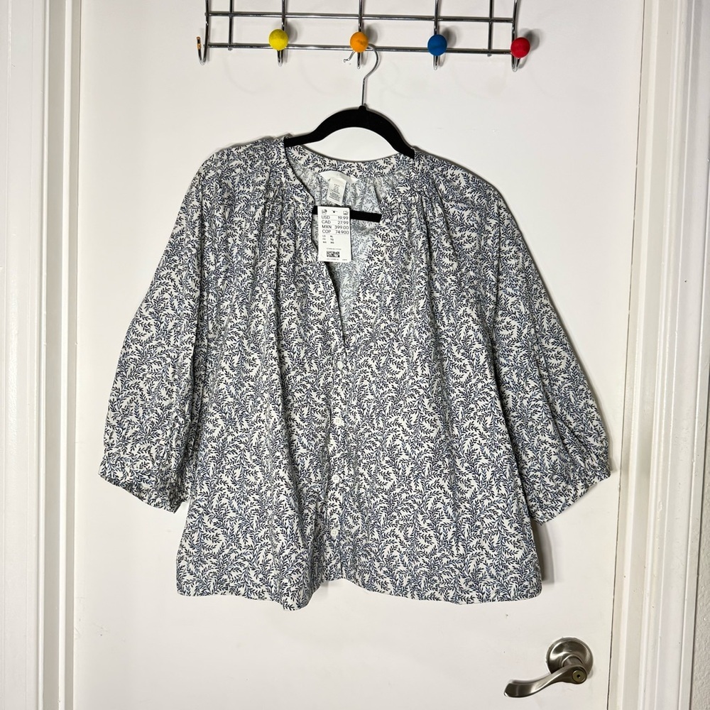 H&M Women’s Blue White Leaf Print Blouse XL NWT - Picture 5 of 5